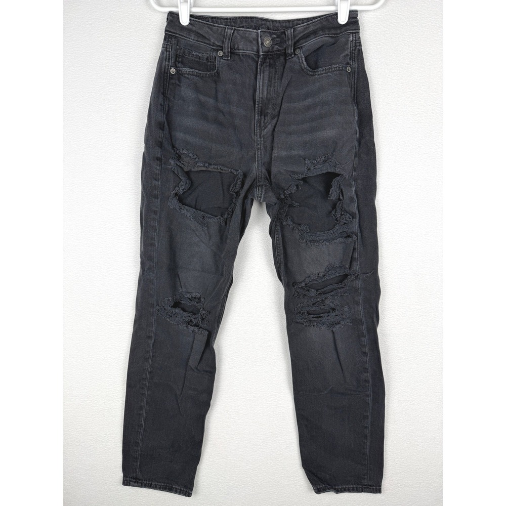 American Eagle Mom Jeans Womens 4 Faded Black Distressed High Waisted Denim